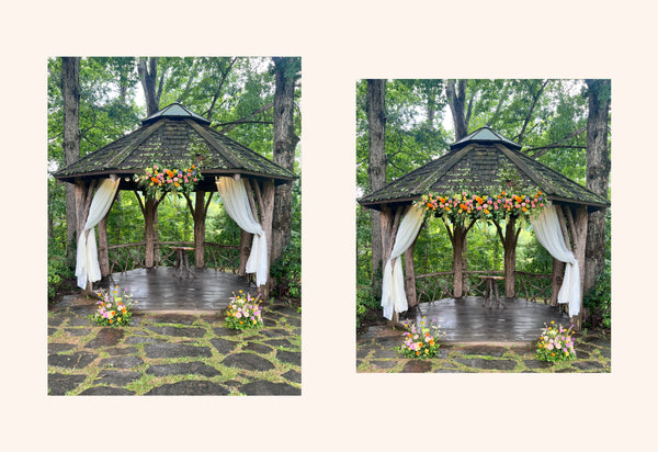 Side by side photos show a wedding gazebo decorated with flowers