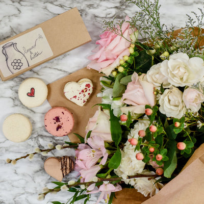 Asheville Flower Shop Bouquet for Valentine's Day with Local Macarons