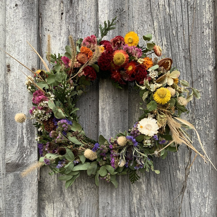 rainbow wreath dried flowers asheville flower farm